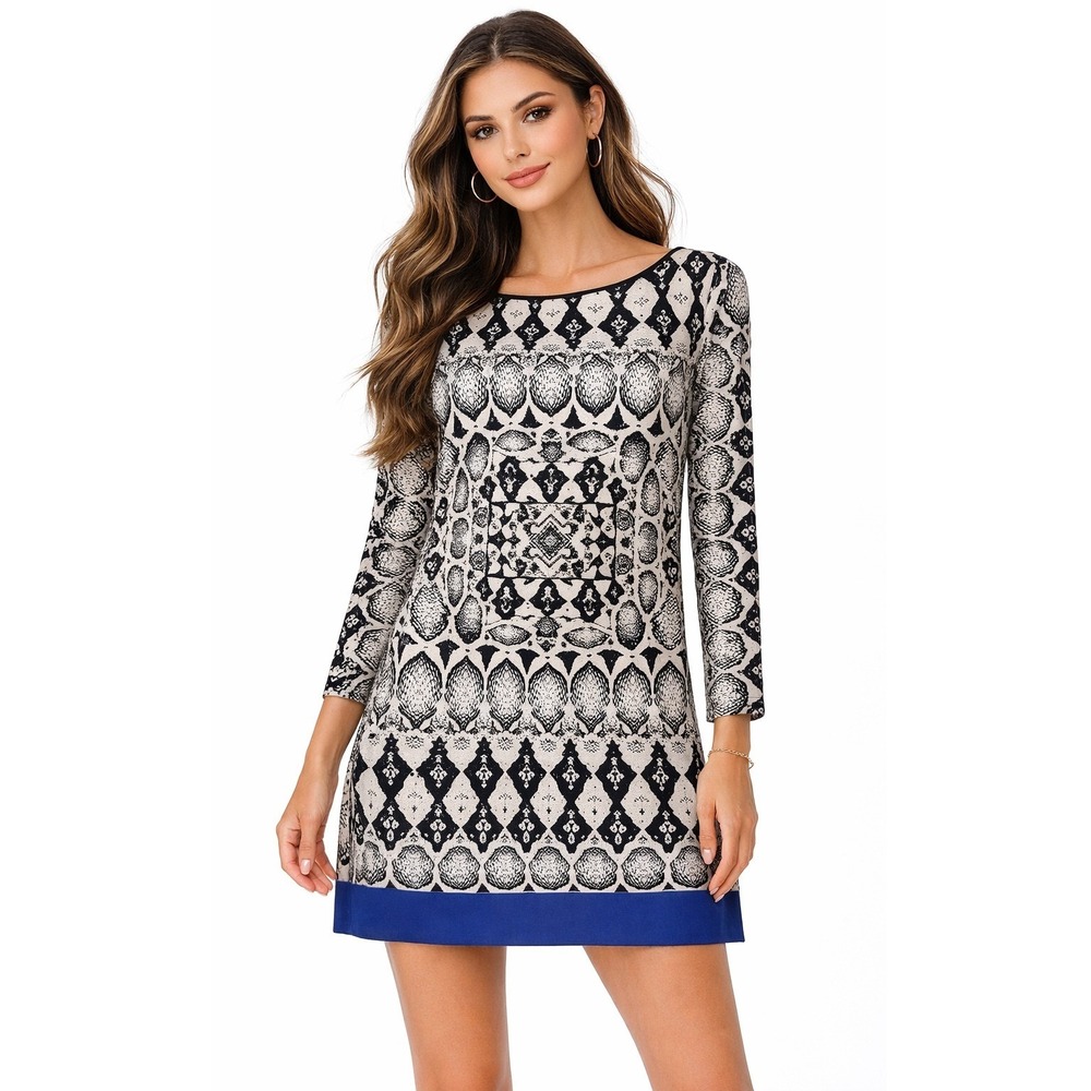 Artelier Nicole‎ Miller Sheath Dress Womens Medium Black White Blue Geometric EX